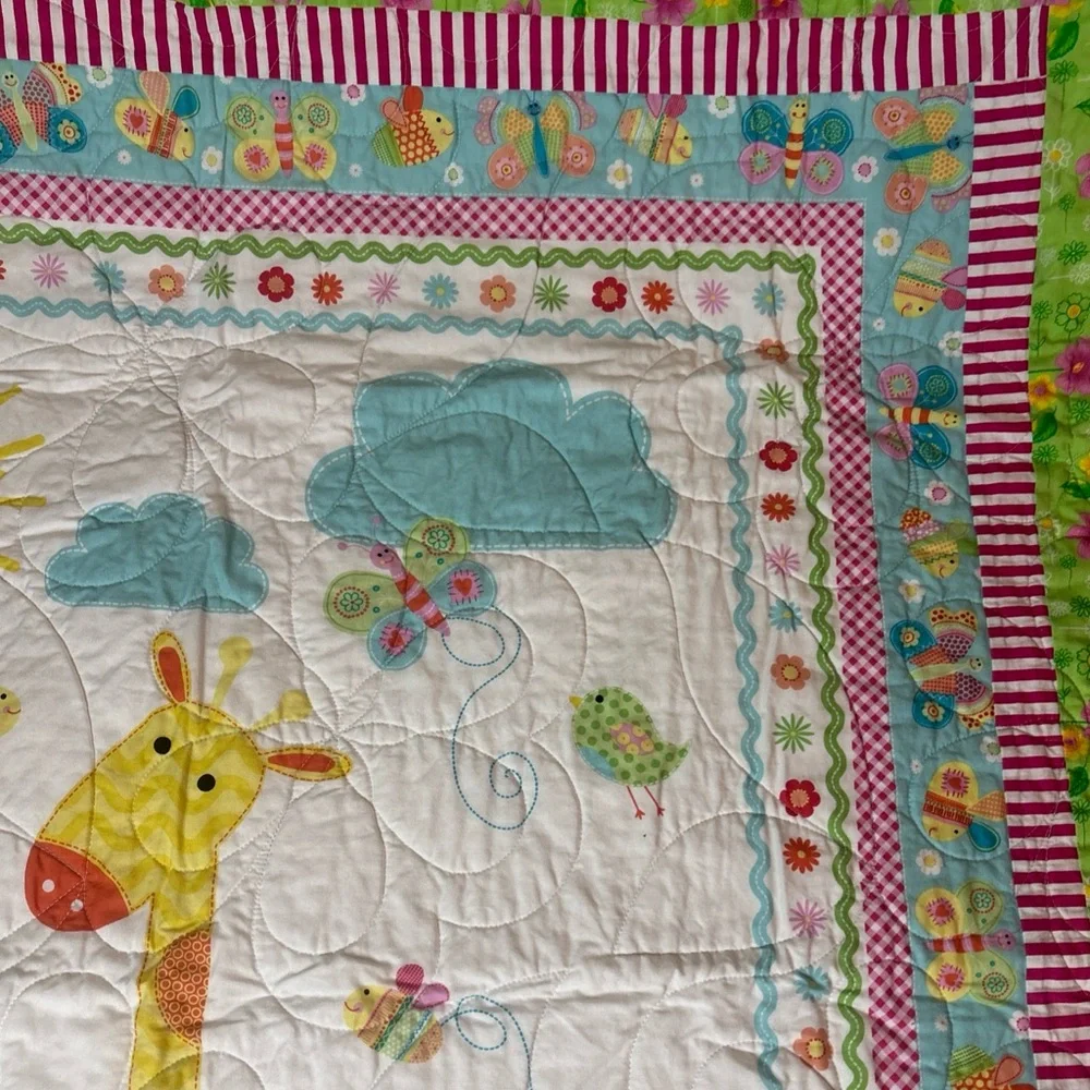 Hand Made Quilt Baby Crib Nursery Blanket Giraffe Turtles 43”x51”